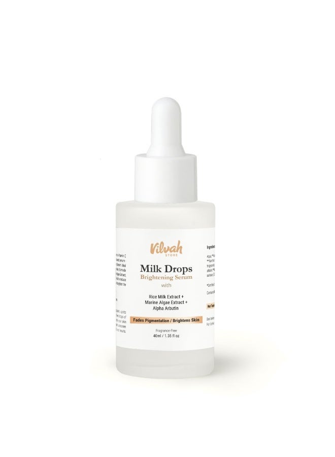 Vilvah Store Milk Drops Brightening Serum Formulated With Rice Milk Extract, Marine Algae Extract, Alpha Arbutin, Fades Scars, Brightens Skin & Even Skin Tone For All Skin Type, 40ml - Image 1